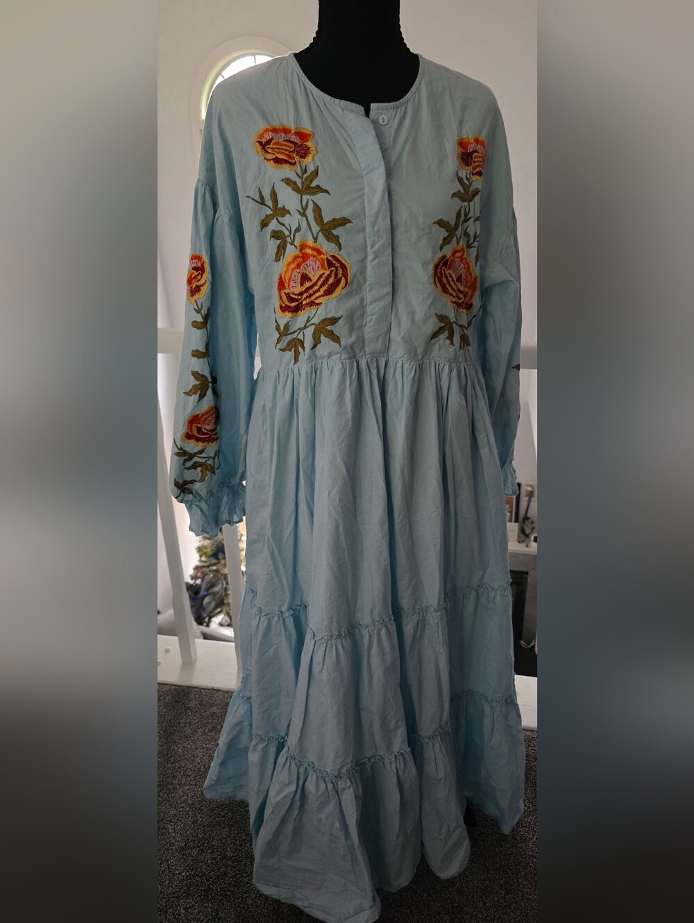 Light Blue Floral Embroidered Long Sleeve Dress